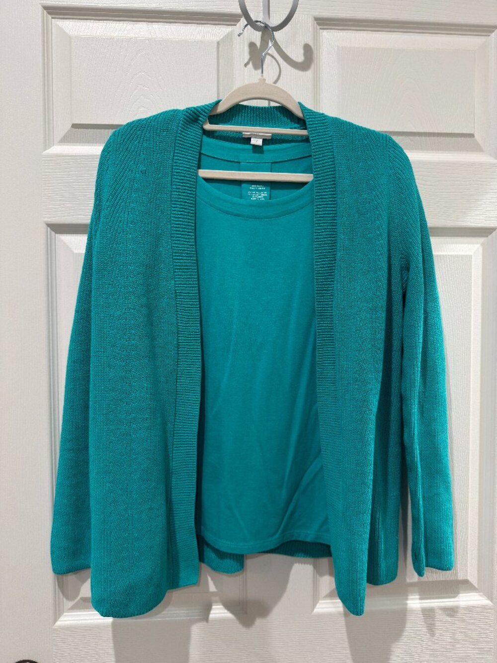 J.Jill Luxe Supima Scoop Neck Tee & Open Front Cardigan Set Teal Small